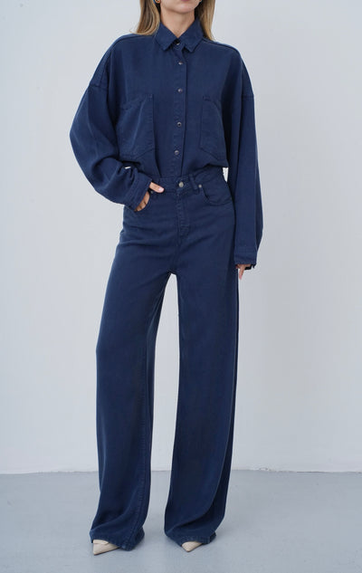 Çift Cepli Denim Gömlek ve Geniş Paça Pantolon  Kadın Tencel Lacivert Takım