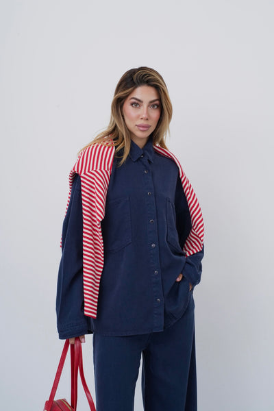 Çift Cepli Denim Gömlek ve Geniş Paça Pantolon  Kadın Tencel Lacivert Takım
