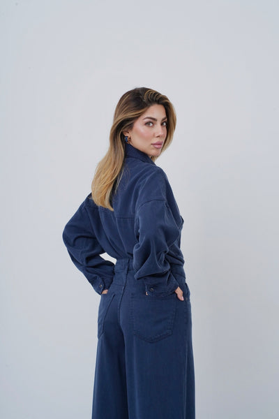 Çift Cepli Denim Gömlek ve Geniş Paça Pantolon  Kadın Tencel Lacivert Takım
