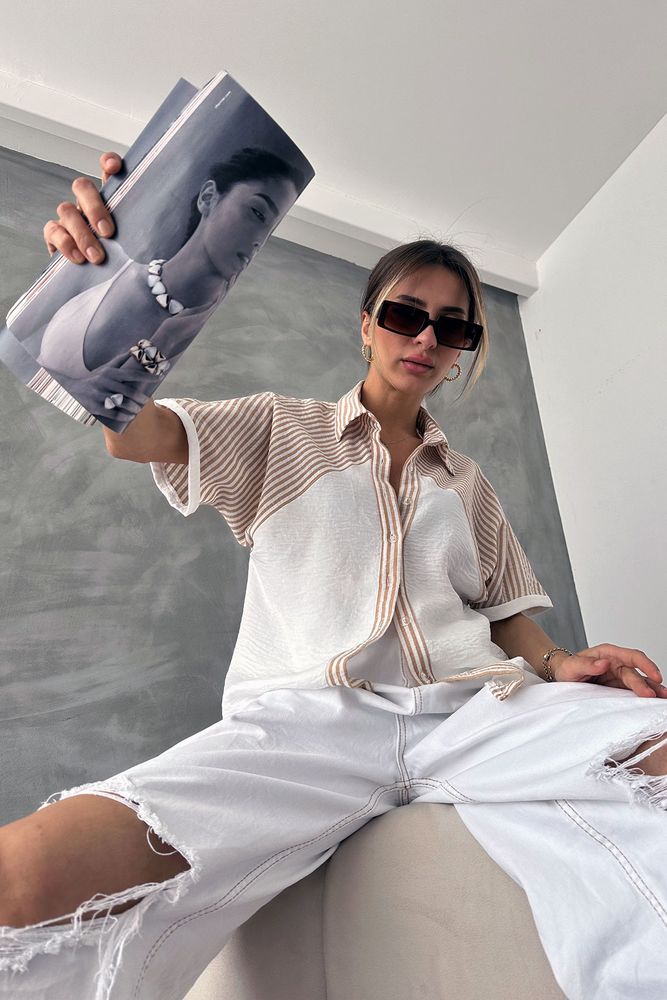 Topshow Stone Stripe Detailed Drop Shoulder Wholesale Shirt