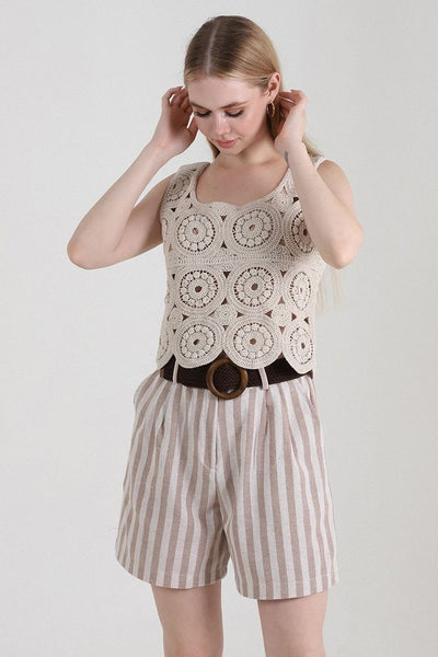 Pantaloni scurți din in cu dungi și curea Topshow Stone, en-gros