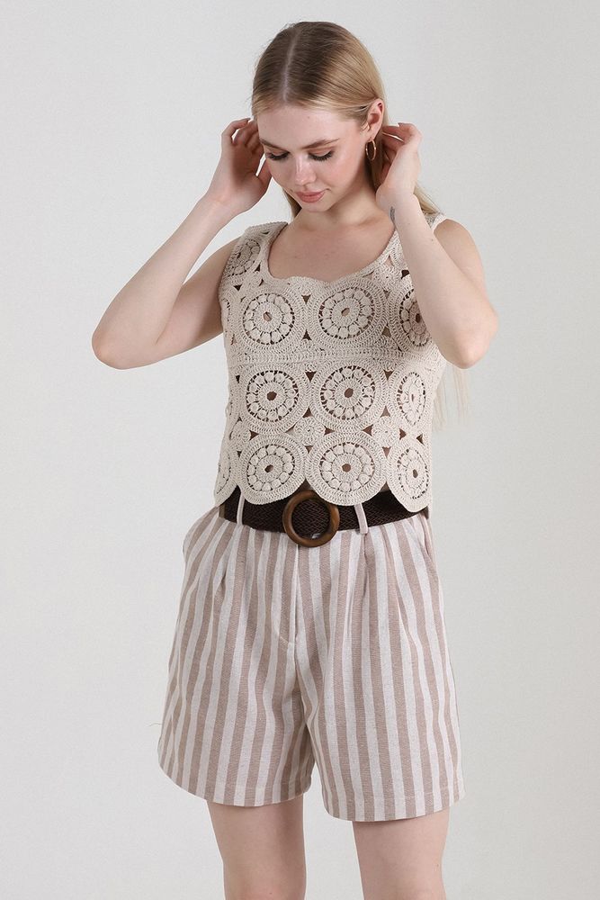 Pantaloni scurți din in cu dungi și curea Topshow Stone, en-gros