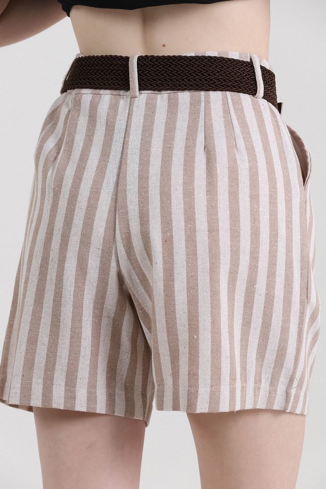Pantaloni scurți din in cu dungi și curea Topshow Stone, en-gros