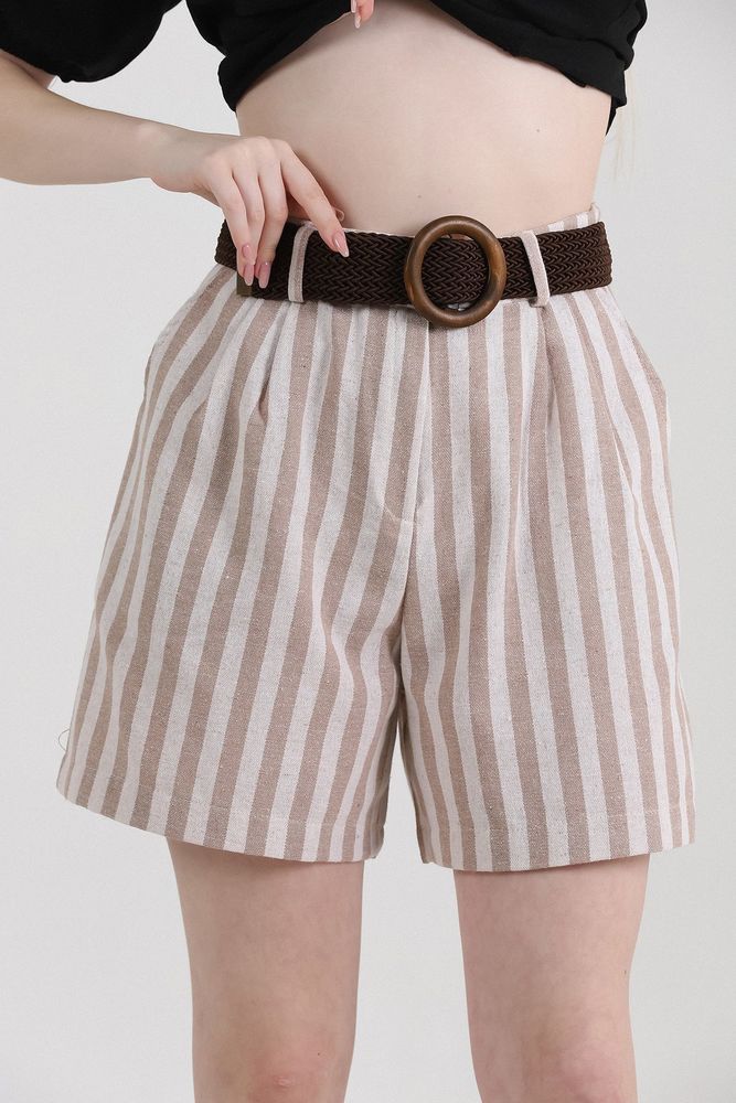 Pantaloni scurți din in cu dungi și curea Topshow Stone, en-gros