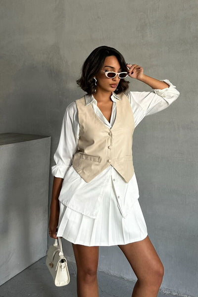 Buttoned Leather Wholesale Vest - Stone