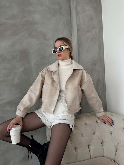 Wholesale Fur Collar Nubuck Jacket - Stone