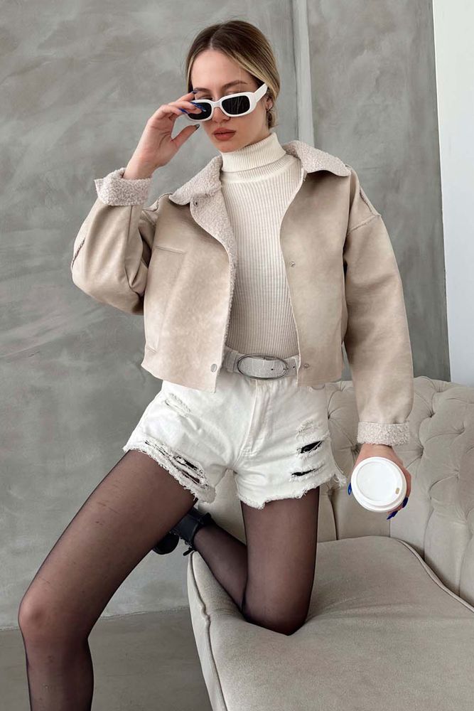 Wholesale Fur Collar Nubuck Jacket - Stone