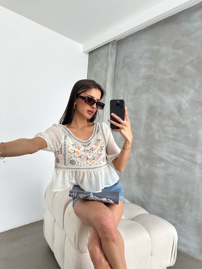 Topshow Stone Grey Embroidered Wholesale Blouse