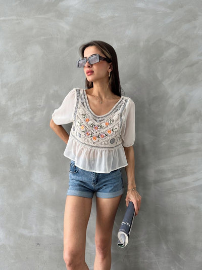 Topshow Stone Grey Embroidered Wholesale Blouse