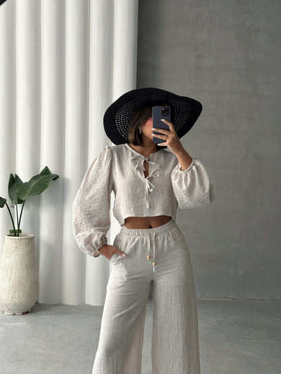 Sim Striped Front Tie Wholesale Blouse - Stone Silver