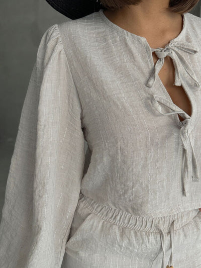 Sim Striped Front Tie Wholesale Blouse - Stone Silver