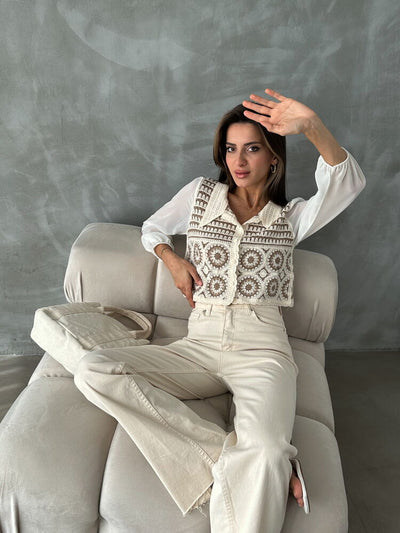 Cardigan scurt cu model floral, en-gros | F0025 - Maro piatra