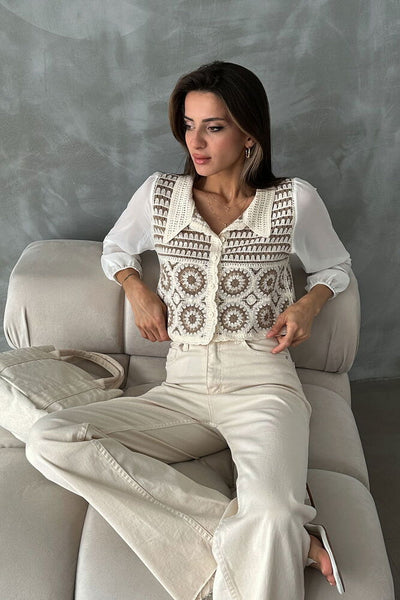 Cardigan scurt cu model floral, en-gros | F0025 - Maro piatra