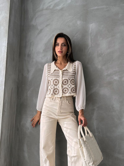 Cardigan scurt cu model floral, en-gros | F0025 - Maro piatra