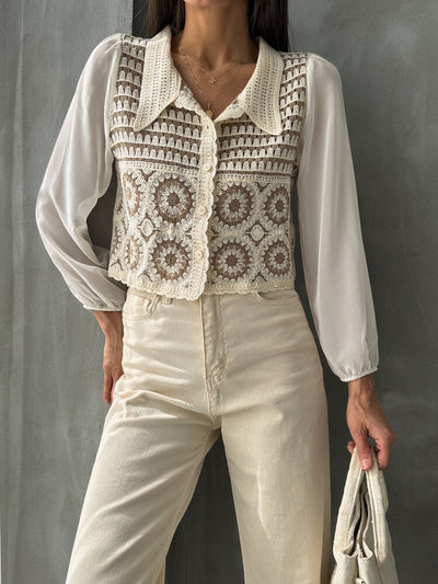 Cardigan scurt cu model floral, en-gros | F0025 - Maro piatra