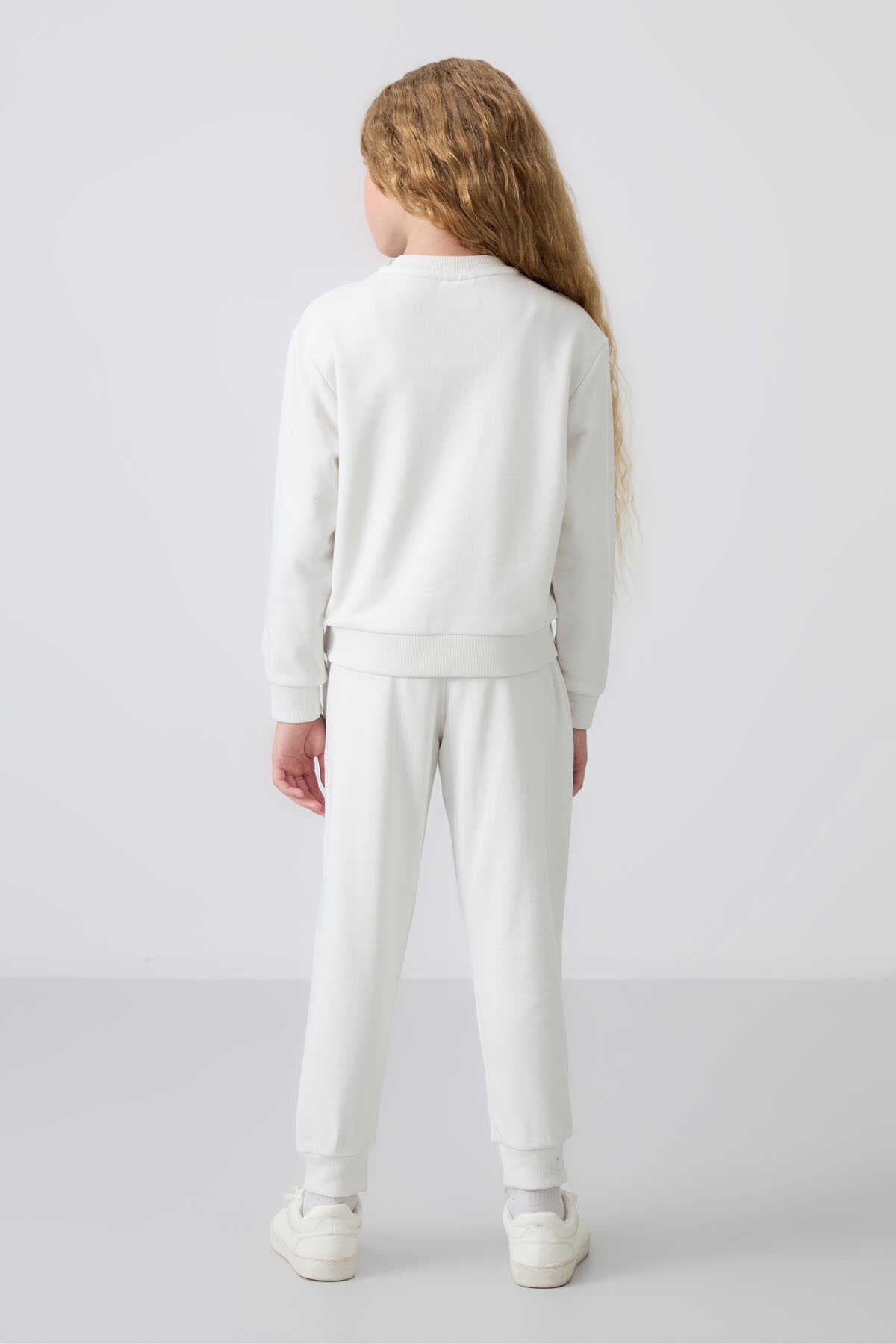 Tommylife Toptan 3-9 Yaş O Yaka Oversize Kız Çocuk Eşofman Takımı 75145 Ekru