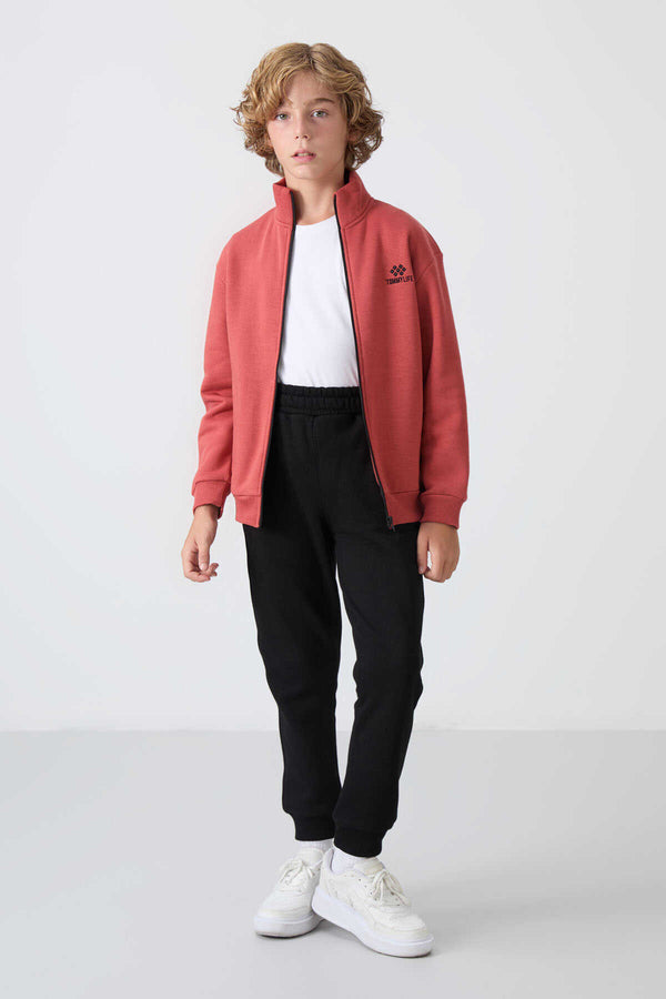 Tommylife Toptan 7-15 Yaş Dik Yaka Erkek Çocuk Eşofman Takımı 11256 Kiremit - Siyah