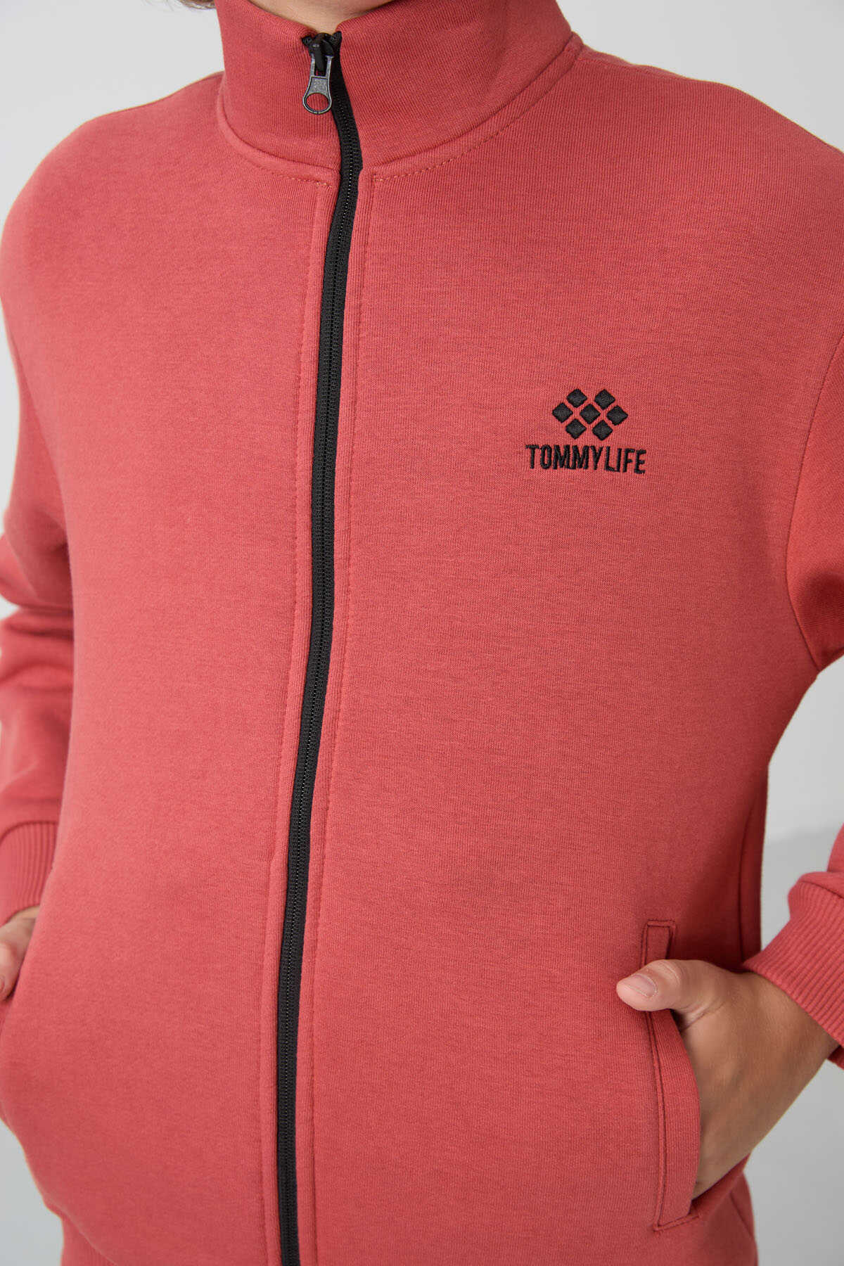 Tommylife Toptan 7-15 Yaş Dik Yaka Erkek Çocuk Eşofman Takımı 11256 Kiremit - Siyah