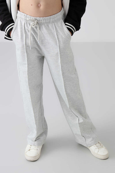 Tommylife Toptan 7-15 Yaş Geniş Paça Standart Kalıp Kız Çocuk Eşofman Alt 75144 Kar Melanj