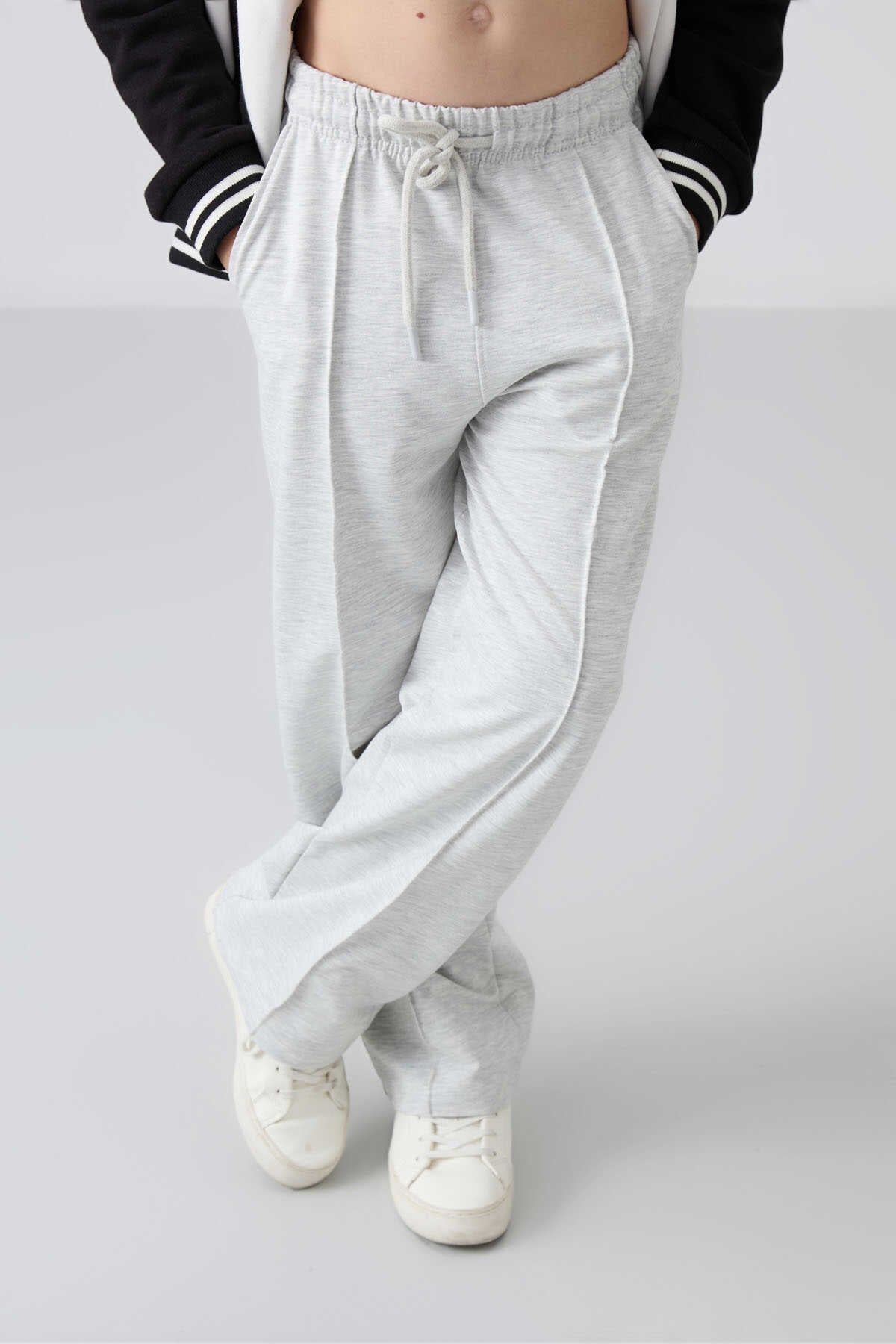 Tommylife Toptan 7-15 Yaş Geniş Paça Standart Kalıp Kız Çocuk Eşofman Alt 75144 Kar Melanj