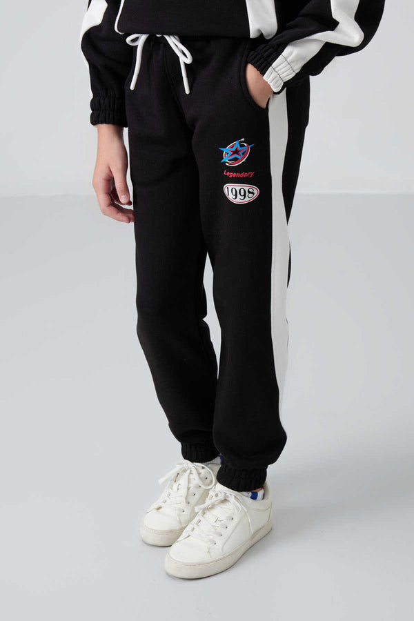 Tommylife Toptan 7-15 Yaş Kapüşonlu Oversize Kız Çocuk Eşofman Takımı 75166 Siyah