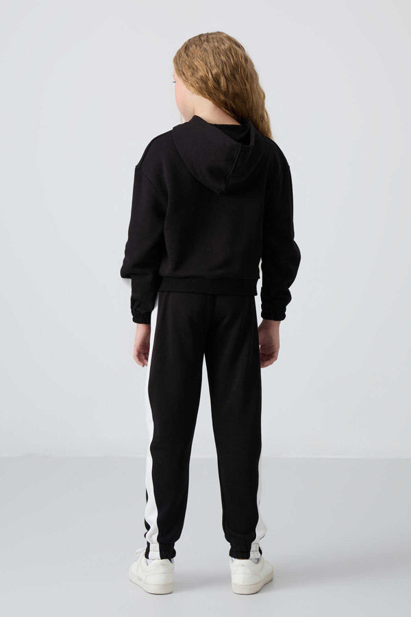 Tommylife Toptan 7-15 Yaş Kapüşonlu Oversize Kız Çocuk Eşofman Takımı 75166 Siyah