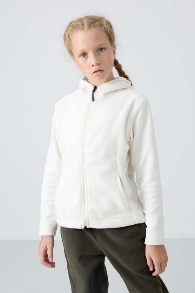 Tommylife Toptan 7-15 Yaş Kapüşonlu Standart Kalıp Kız Çocuk Polar Sweatshirt 75152 Ekru