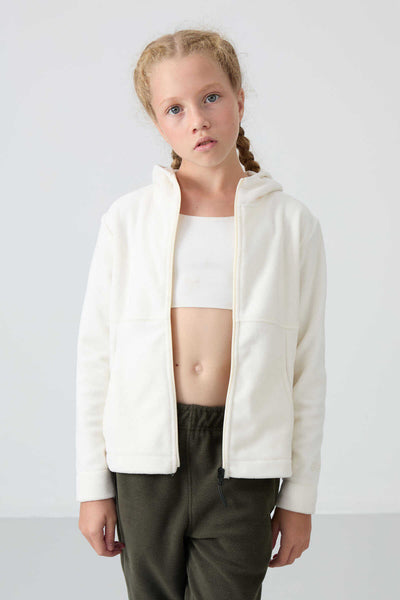 Tommylife Toptan 7-15 Yaş Kapüşonlu Standart Kalıp Kız Çocuk Polar Sweatshirt 75152 Ekru