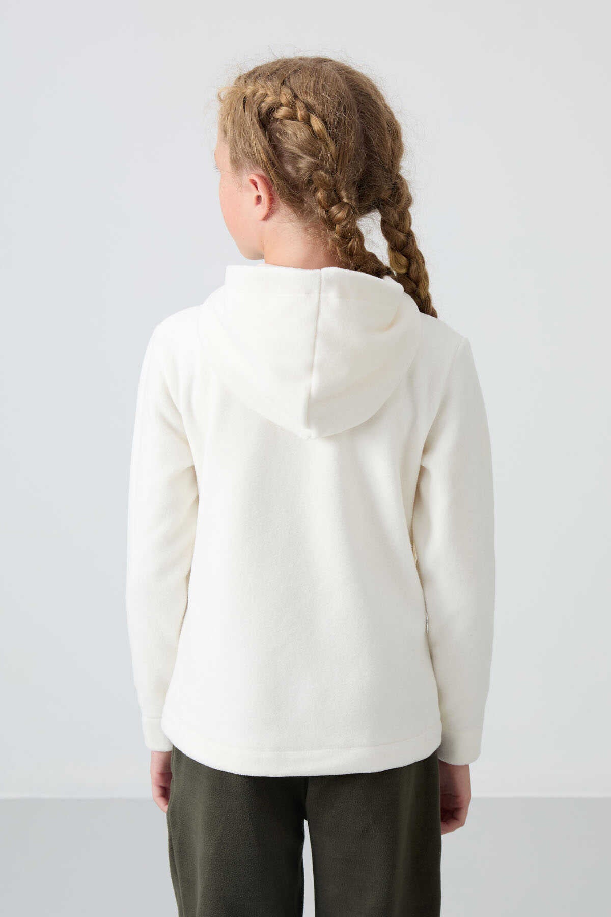 Tommylife Toptan 7-15 Yaş Kapüşonlu Standart Kalıp Kız Çocuk Polar Sweatshirt 75152 Ekru