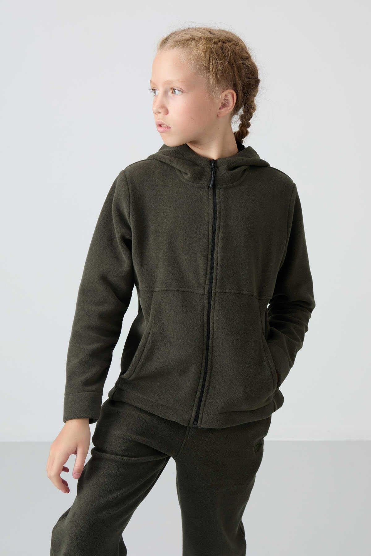 Tommylife Toptan 7-15 Yaş Kapüşonlu Standart Kalıp Kız Çocuk Polar Sweatshirt 75152 Haki