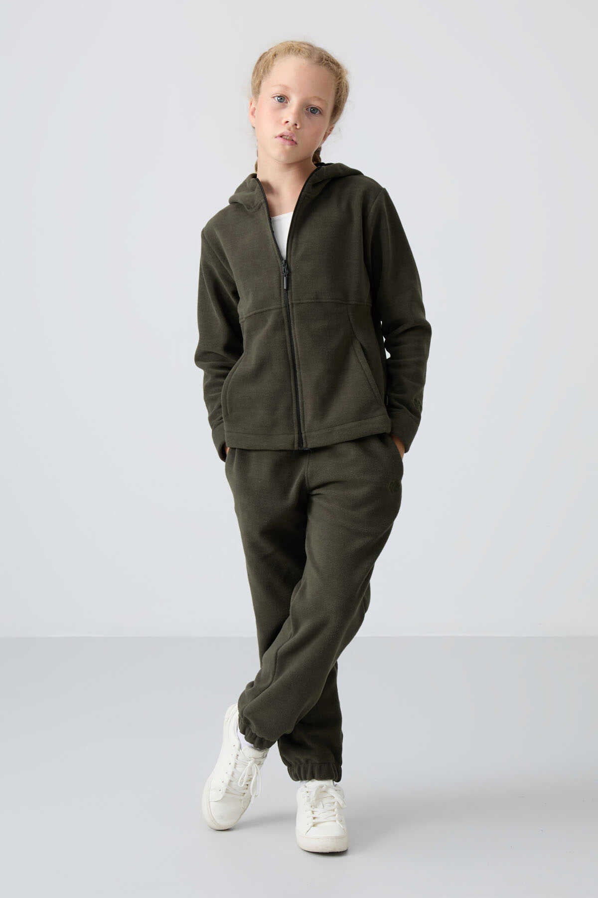 Tommylife Toptan 7-15 Yaş Kapüşonlu Standart Kalıp Kız Çocuk Polar Sweatshirt 75152 Haki