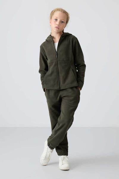 Tommylife Toptan 7-15 Yaş Kapüşonlu Standart Kalıp Kız Çocuk Polar Sweatshirt 75152 Haki