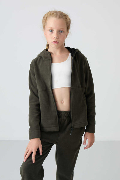 Tommylife Toptan 7-15 Yaş Kapüşonlu Standart Kalıp Kız Çocuk Polar Sweatshirt 75152 Haki