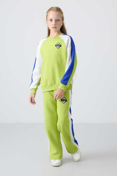 Tommylife Toptan 7-15 Yaş O Yaka Standart Kalıp Kız Çocuk Eşofman Takımı 75165 Lime Yeşil