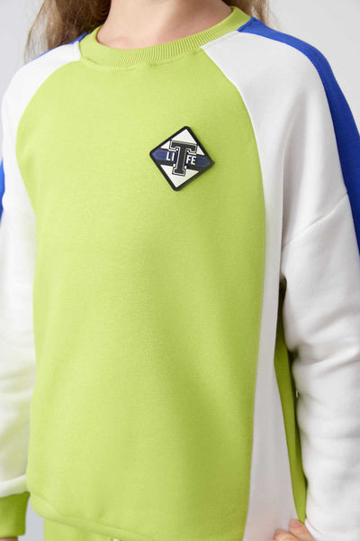 Tommylife Toptan 7-15 Yaş O Yaka Standart Kalıp Kız Çocuk Eşofman Takımı 75165 Lime Yeşil