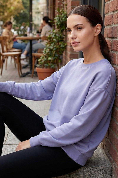Tommylife Toptan Açık Eflatun Basic O Yaka Oversize Kadın Sweatshirt - 97053