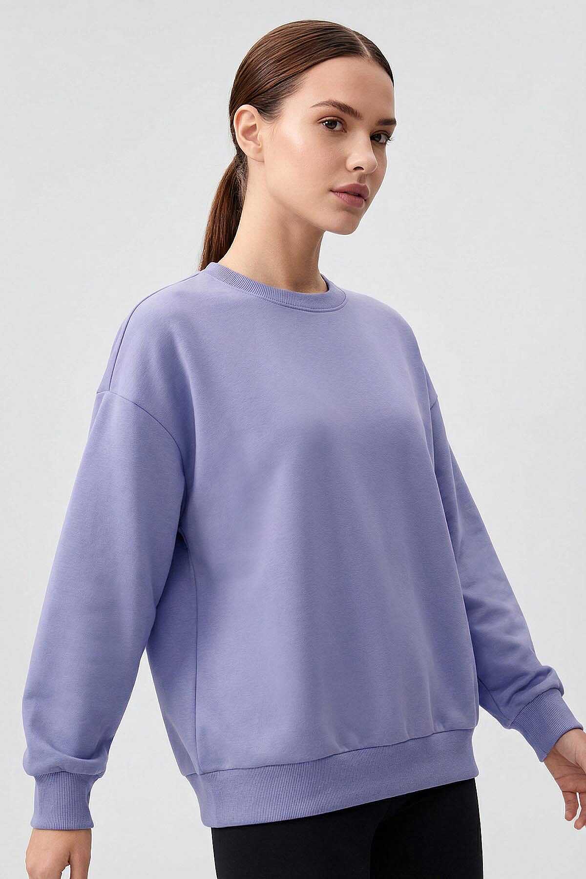 Tommylife Toptan Açık Eflatun Basic O Yaka Oversize Kadın Sweatshirt - 97053