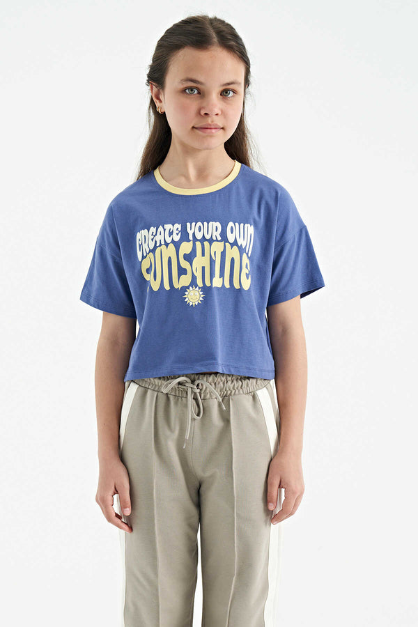 Tommylife Toptan Açık Eflatun Renkli Yazı Baskılı O Yaka Oversize  Kısa Kollu Kız Çocuk T-Shirt - 75111