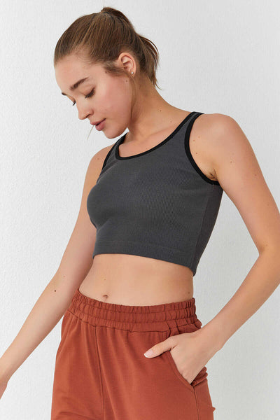 Tommylife Wholesale Anthracite Basic Sleeveless Slim Fit U-Neck Women's Crop Top Tank Top - 97160
