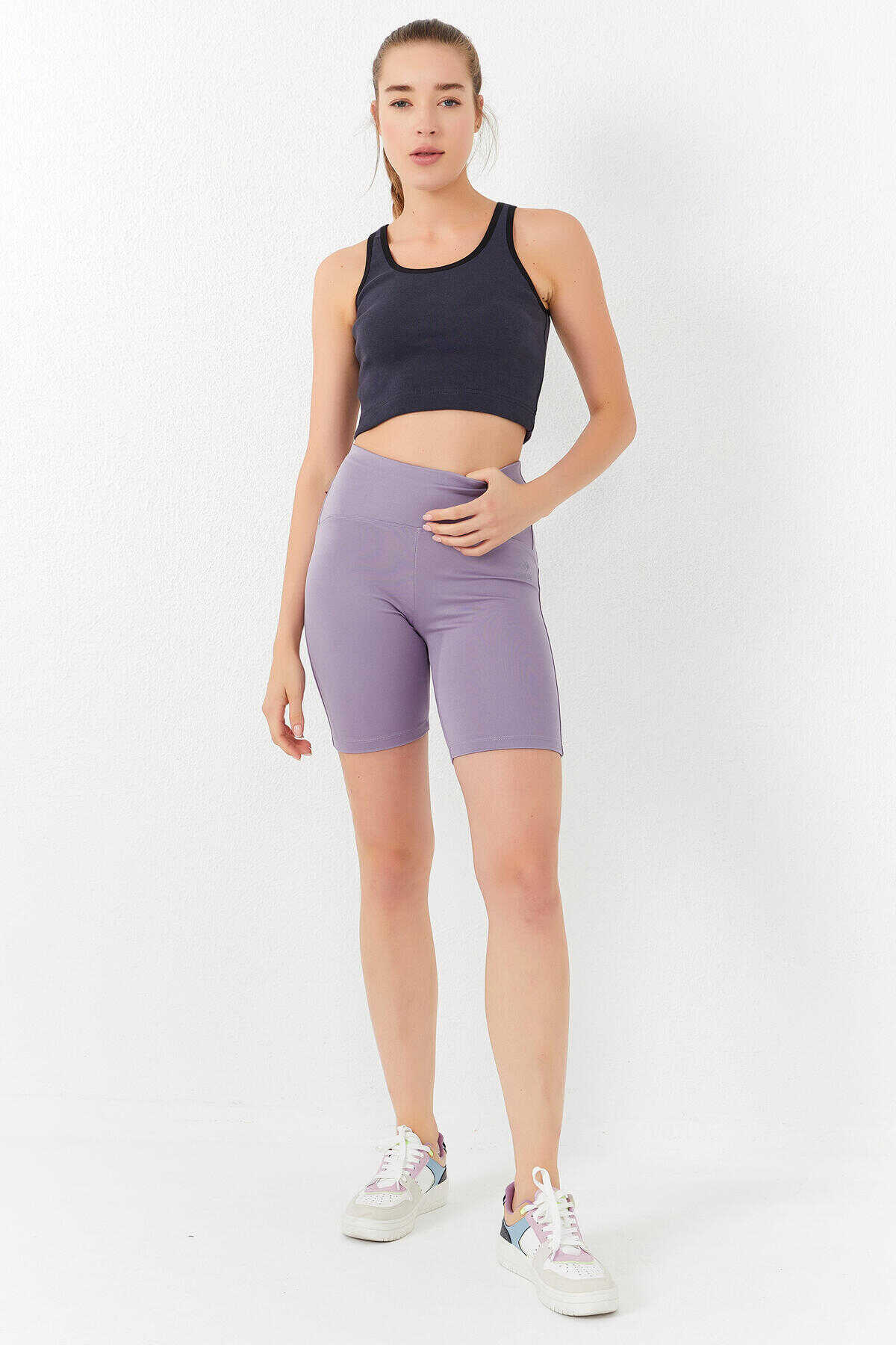 Tommylife Toptan Antrasit Basic Sıfır Kol Dar Kalıp U Yaka Kadın Crop Top Atlet - 97162