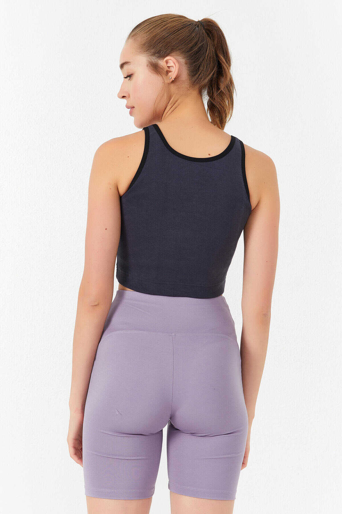 Maiou scurt pentru femei, fără mâneci, croială slim fit, cu guler în U, Tommylife Wholesale, antracit - 97162