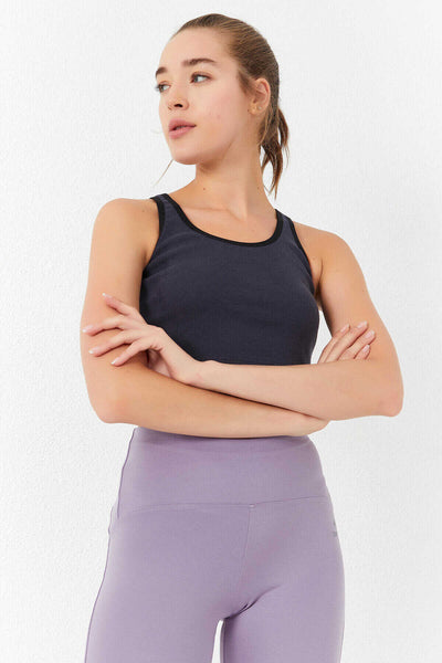 Tommylife Toptan Antrasit Basic Sıfır Kol Dar Kalıp U Yaka Kadın Crop Top Atlet - 97162