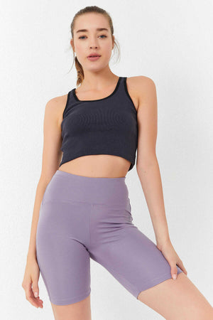 Tommylife Toptan Antrasit Basic Sıfır Kol Dar Kalıp U Yaka Kadın Crop Top Atlet - 97162