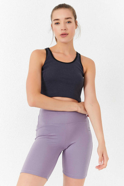 Tommylife Toptan Antrasit Basic Sıfır Kol Dar Kalıp U Yaka Kadın Crop Top Atlet - 97162