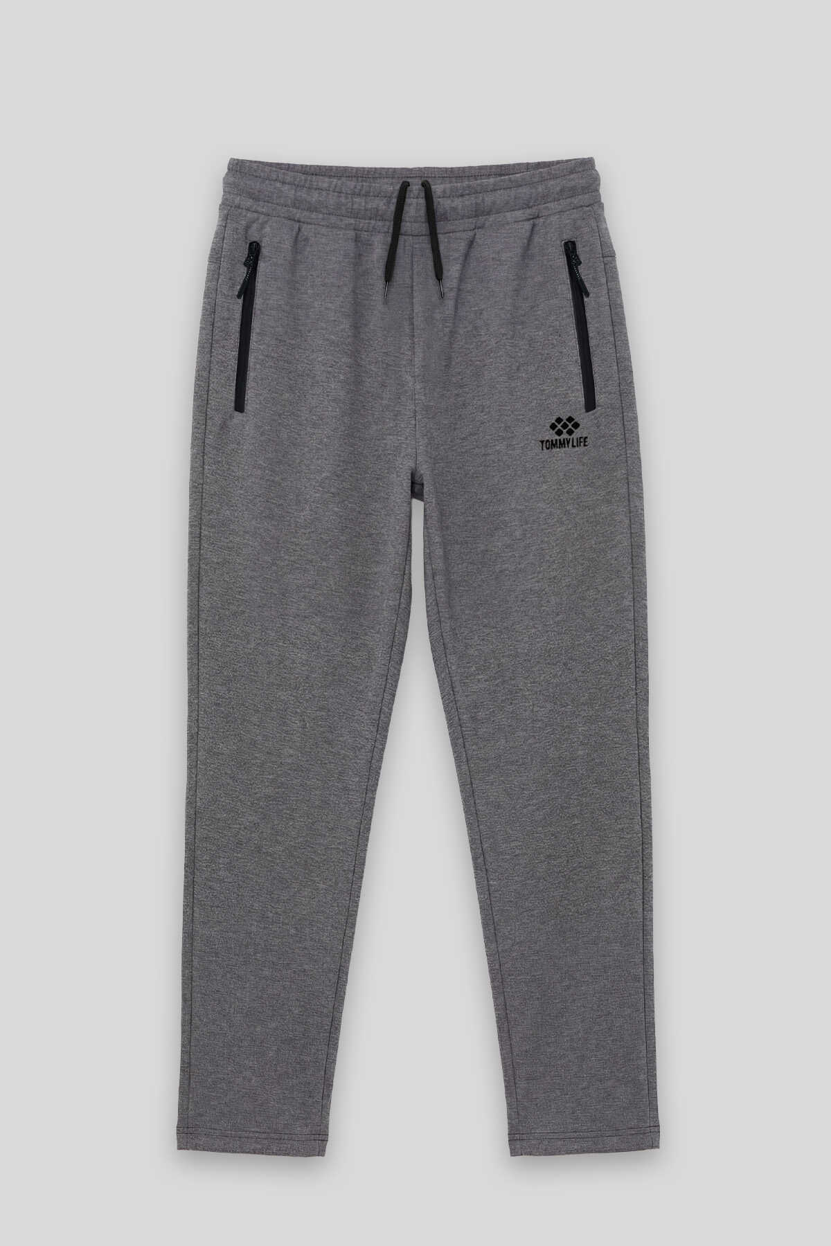 Tommylife Toptan Antrasit Melanj Basic Belden Bağcıklı Klasik Paça Erkek Büyük Beden Eşofman Alt - 84844