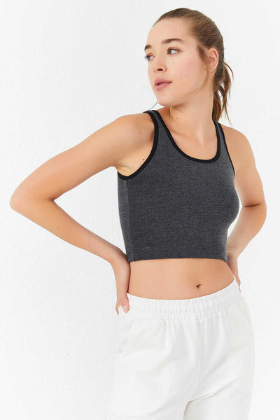 Maiou scurt pentru femei, fără mâneci, croială slim fit, cu guler în U, Tommylife Wholesale, antracit melanj - 97162