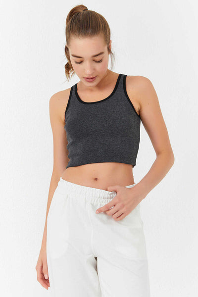 Maiou scurt pentru femei, fără mâneci, croială slim fit, cu guler în U, Tommylife Wholesale, antracit melanj - 97162