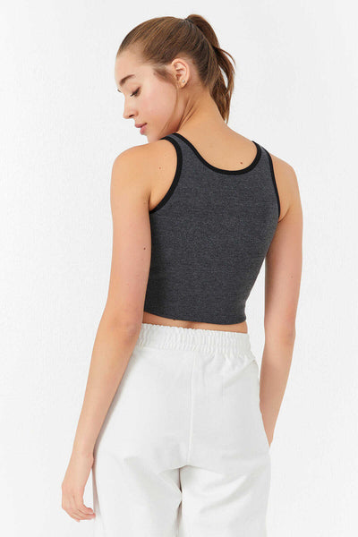 Maiou scurt pentru femei, fără mâneci, croială slim fit, cu guler în U, Tommylife Wholesale, antracit melanj - 97162