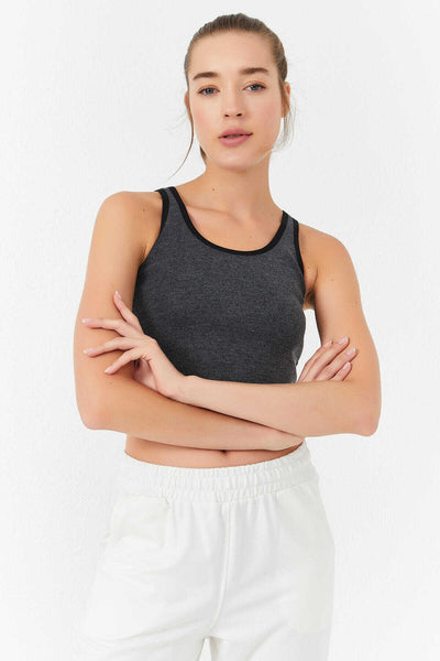 Maiou scurt pentru femei, fără mâneci, croială slim fit, cu guler în U, Tommylife Wholesale, antracit melanj - 97162