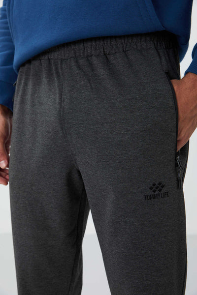 Tommylife Toptan Antrasit Melanj Fermuar Cepli Standart Kalıp Jogger Erkek Eşofman Alt - 84651